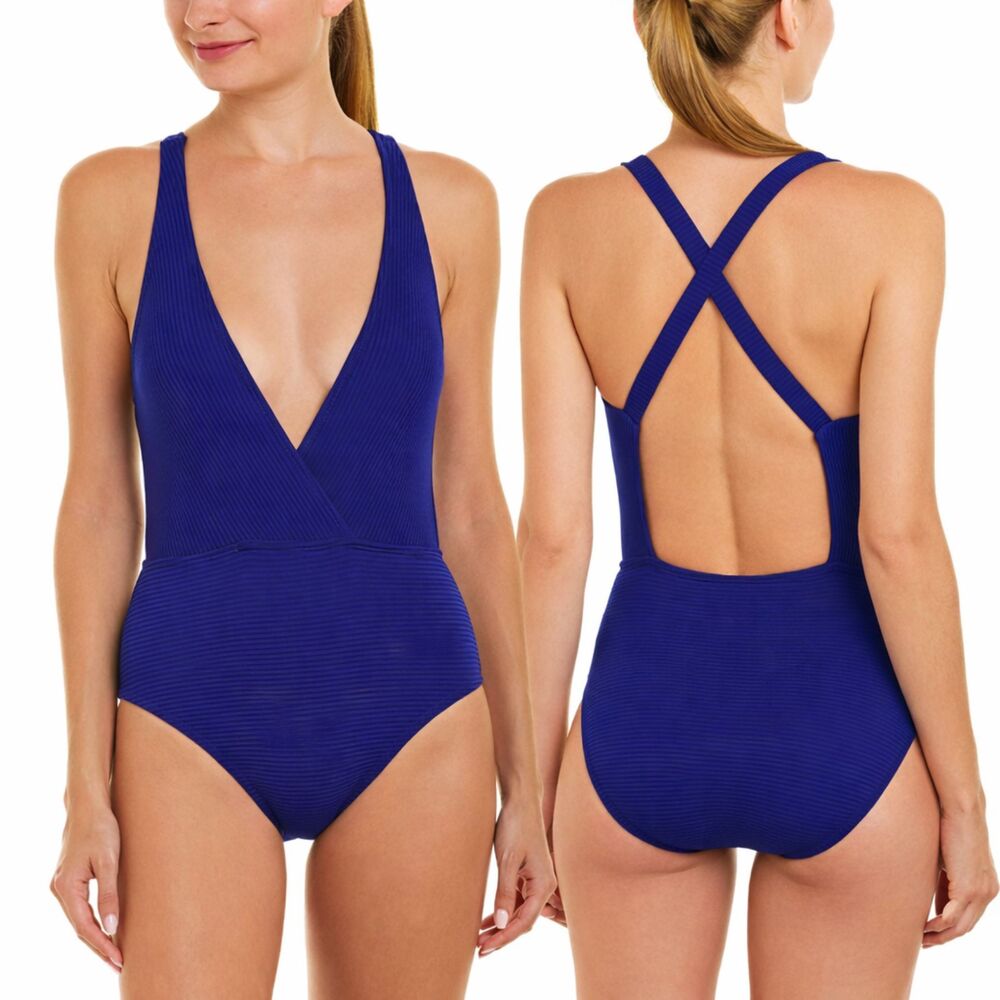La Blanca Royal Blue Ribbed Plunge V-Neck Cross Back One Piece Swimsuit US 4